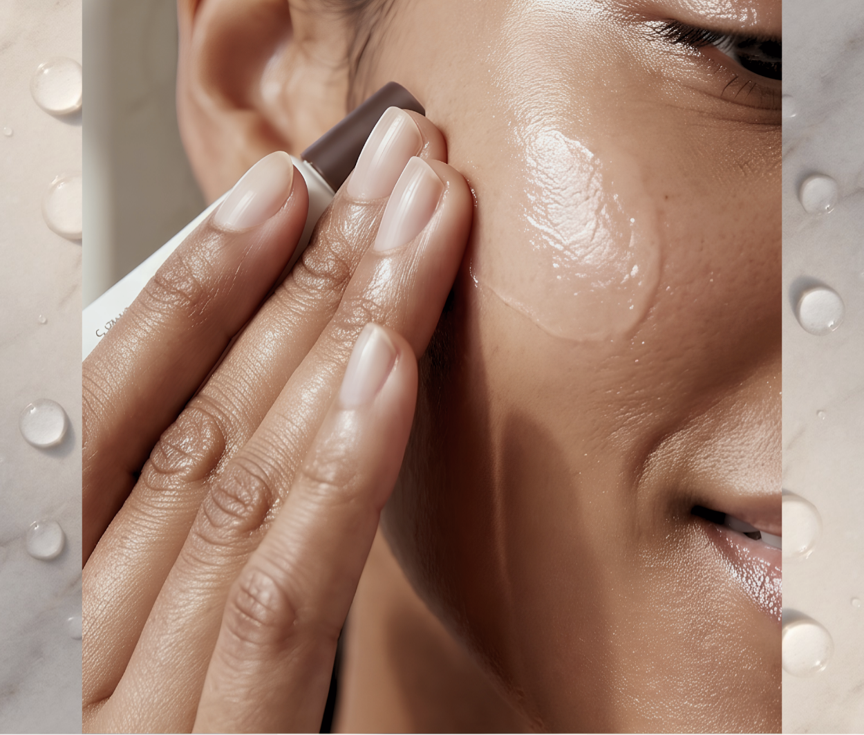 Applying PDRN cream — close-up of hydrated skin.